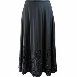 Chico's silk midi-length A-line skirt with black floral embroidery &sequin.SZ-2